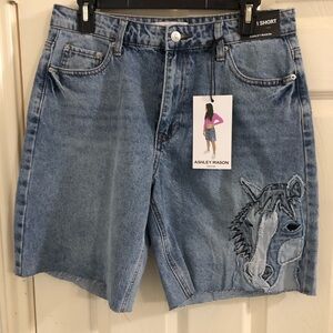 Ashley Mason horse embroidered‎ blue jeans jorts shorts size  7/28 new